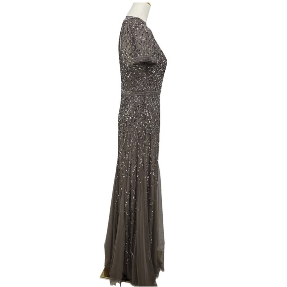 Adrianna Papell Womens Beaded Gown 8 Taupe Mesh Feminine Elegant Wedding NYE - Picture 2 of 9